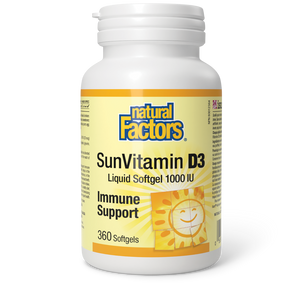Vitamin D3 from Natural Factors provides a convenient daily dose of vitamin D as cholecalciferol to help support immune function and for the development and maintenance of strong bones and teeth.  1000IU, 360 softgels
