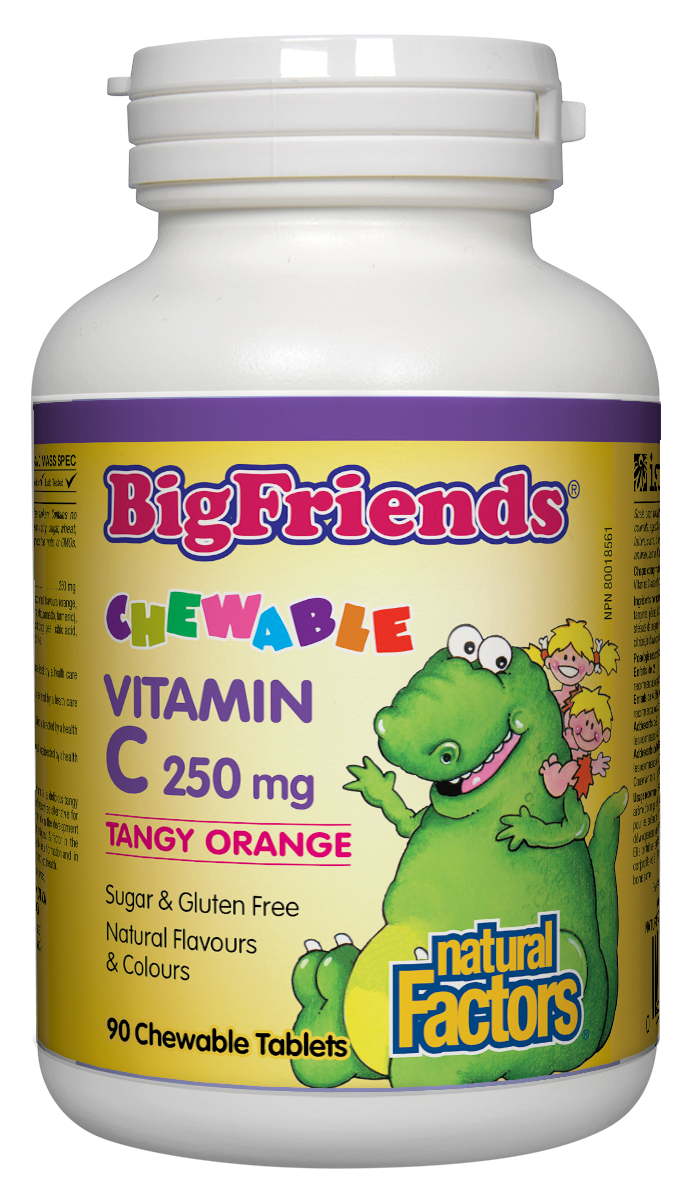 Big Friends Chewable Vitamin C from Natural Factors is a fun and delicious way for children to keep their antioxidant intake up and their bones, cartilage, teeth, and gums healthy. 