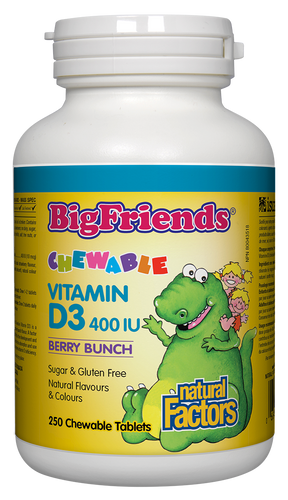 Big Friends Chewable Vitamin D3 400 IU from Natural Factors is a great-tasting, natural source of the “sunshine vitamin”, essential for building strong, healthy bones and teeth.l children, these small, chewable tablets support calcium and phosphorus absorption, and make it fun and easy to support growing children.