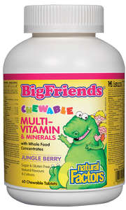 Big Friends Chewable Multivitamin & Minerals provides children three years and older with optimal amounts of the vitamins and mineralsentrates from Factors Farms supply phytonutrients, while delicious fruit flavours and friendly dinosaur shapes keep little ones smiling.