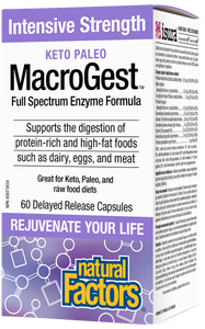 Natural Factors Keto Paleo Macrogest is an intensive-strength digestive enzyme formula that supports the breakdown of protein-rich and high-fat foods such as dairy, eggs, and meat. This comprehensive non-GMO formula provides key proteolytic and digestive enzymes to help decrease bloating and support better digestion, especially for those eating a ketogenic or paleo diet.