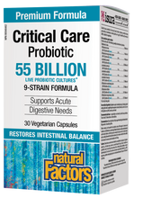 Load image into Gallery viewer, Natural Factors Critical Care Probiotic 55 Billion Active Cells contains nine Bifidobacteria and Lactobacilli species for acute targeted support of both the small and large intestines. It restores beneficial bacteria lost through antibiotic use and enhances immune health.