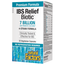 Load image into Gallery viewer, Natural Factors Relief Biotic® is a multi-strain formula featuring 7 billion colony forming units (cfu) of probiotics, including Lactobacillus, Bacillus, and Enterococcus strains shown to relieve some symptoms of irritable bowel syndrome (IBS). This innovative probiotic formula also helps reduce the risk of antibiotic-associated diarrhea and is shelf stable – no refrigeration required!