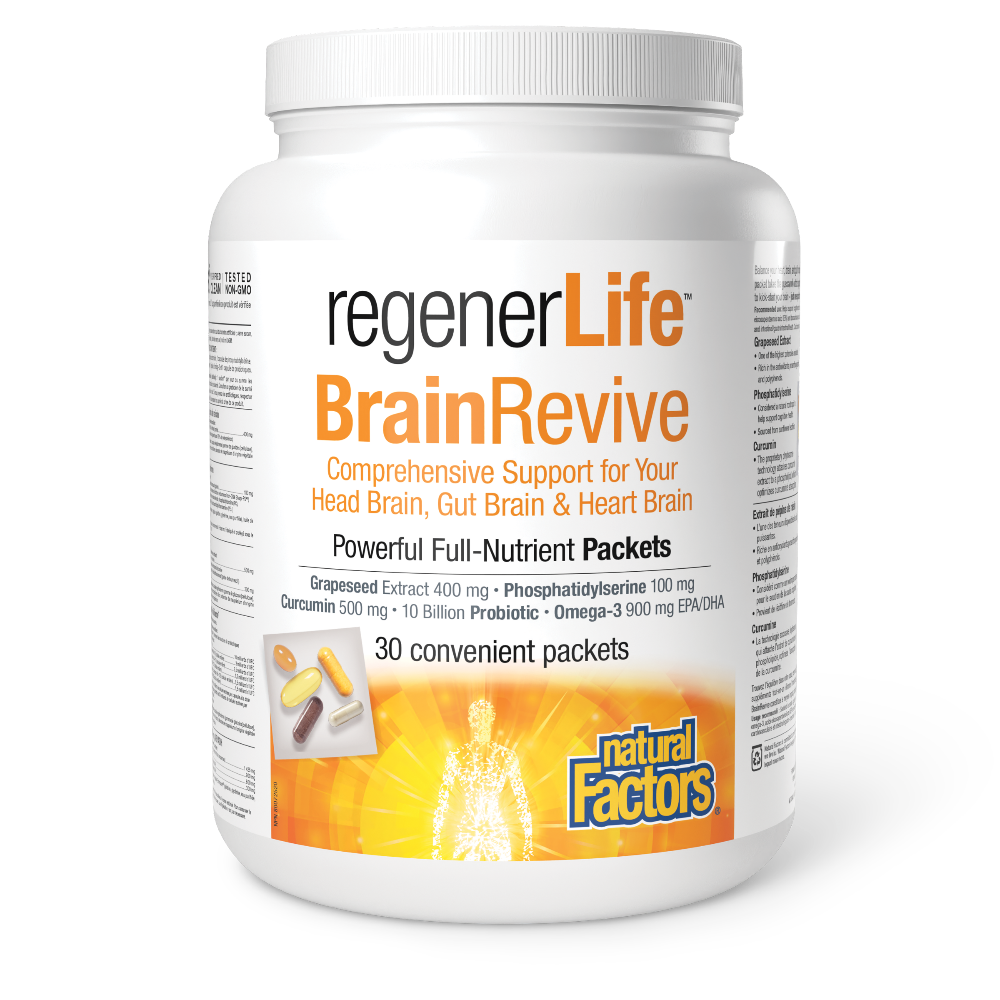RegenerLife BrainRevive provides comprehensive nutritional support for your heart, brain, and gut for optimal emotional well-being. Each convenient daily supplement packet contains five softgels and vegetarian capsules providing nutrients for cognitive health