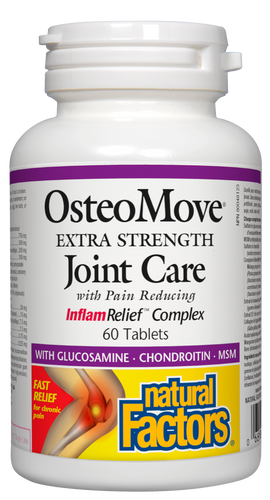 OsteoMove Extra Strength Joint Care from Natural Factors provides fast relief from acute and chronic pain and has extensive long-term benefits for joint health. A powerful anti-inflammatory, OsteoMove slows down cartilage degeneration, maintains strong and healthy bones, and encourages the repair of connective tissue.