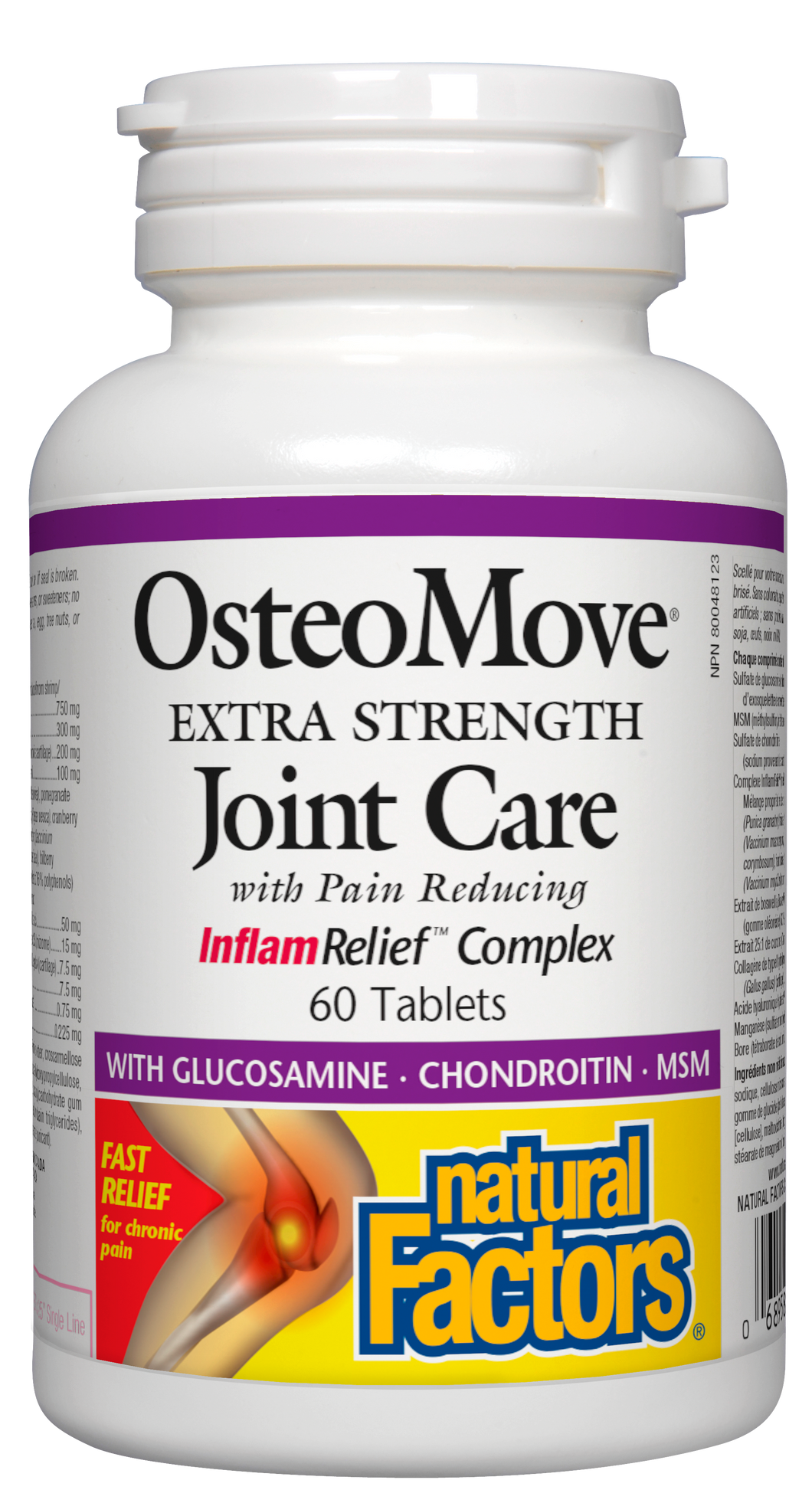 OsteoMove Extra Strength Joint Care from Natural Factors provides fast relief from acute and chronic pain and has extensive long-term benefits for joint health. A powerful anti-inflammatory, OsteoMove slows down cartilage degeneration, maintains strong and healthy bones, and encourages the repair of connective tissue.