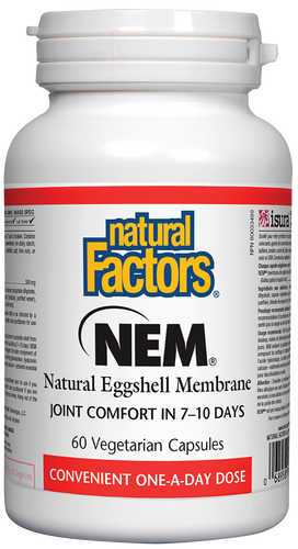 NEM Natural Eggshell Membrane is an innovative nutritional supplement clinically proven to reduce the pain, stiffness, and impaired mobility of osteoarthritis and other joint issues within 7–10 days. Natural Factors NEM, in a convenient one-per-day vegetarian capsule.