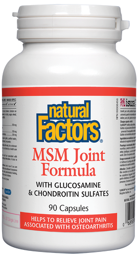 Natural Factors MSM Joint Formula contains MSM, glucosamine, and chondroitin sulphate for triple action joint health support. Combining these top three joint support nutrients in one formula improves joint lubrication, fights inflammation, and helps repair cartilage. It works to relieve joint pain associated with osteoarthritis and protects against cartilage deterioration.