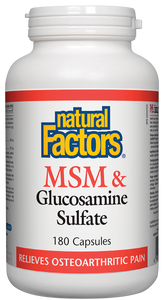 Natural Factors MSM &Glucosamine Sulfate helps maintain the structural integrity of joints while relieving joint pain from osteoarthritis. It combines two top joint support nutrients that help the body form connective tissue for healthy joints and muscles, protect against the degeneration of cartilage, and reduce painful inflammation.