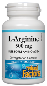 Natural Factors L-Arginine 500 mg is a non-essential amino acid involved in protein synthesis. It may help support a modest improvement in exercise capacity in individuals with stable cardiovascular disease (CVD). As a free-form amino acid, L-arginine is easier for the body to absorb and use than when consumed from food. 