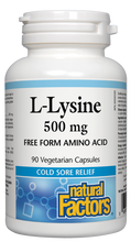 Load image into Gallery viewer, Natural Factors L-Lysine is an essential nutrient that provides relief from the herpes simplex virus (HSV). It works quickly to help reduce the recurrence, severity, and healing time of cold sores. 