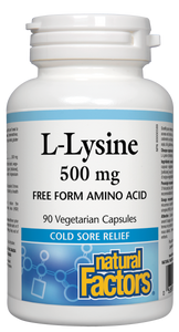Natural Factors L-Lysine is an essential nutrient that provides relief from the herpes simplex virus (HSV). It works quickly to help reduce the recurrence, severity, and healing time of cold sores. 