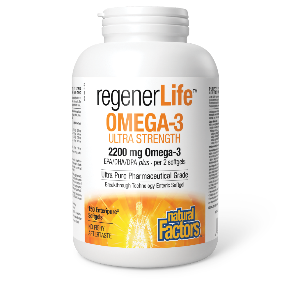 Natural Factors RegenerLife Omega-3 Ultra Strength is a high-potency, ultra-pure omega-3 that is free of contaminants and designed to support the brain and cardiovascular system, joint health, immune function, and mood. 