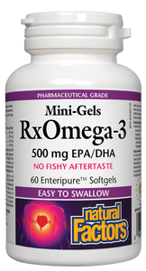 Many diets are lacking in omega-3s, healthy fats that repair cells, protect against heart disease, promote brain function and emotional health, and help fight inflammation. RxOmega-3 Mini-Gels from Natural Factors offer the quality omega-3s you need in an easy-to-swallow, Enteripure clear enteric softgel.