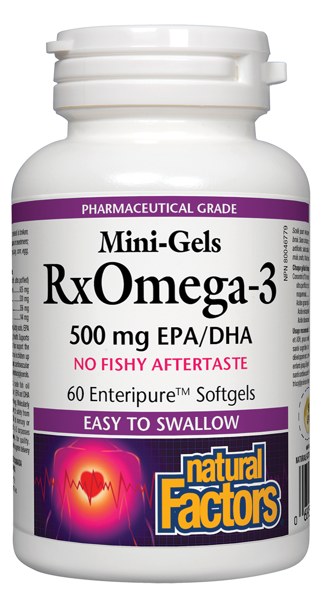 Many diets are lacking in omega-3s, healthy fats that repair cells, protect against heart disease, promote brain function and emotional health, and help fight inflammation. RxOmega-3 Mini-Gels from Natural Factors offer the quality omega-3s you need in an easy-to-swallow, Enteripure clear enteric softgel.