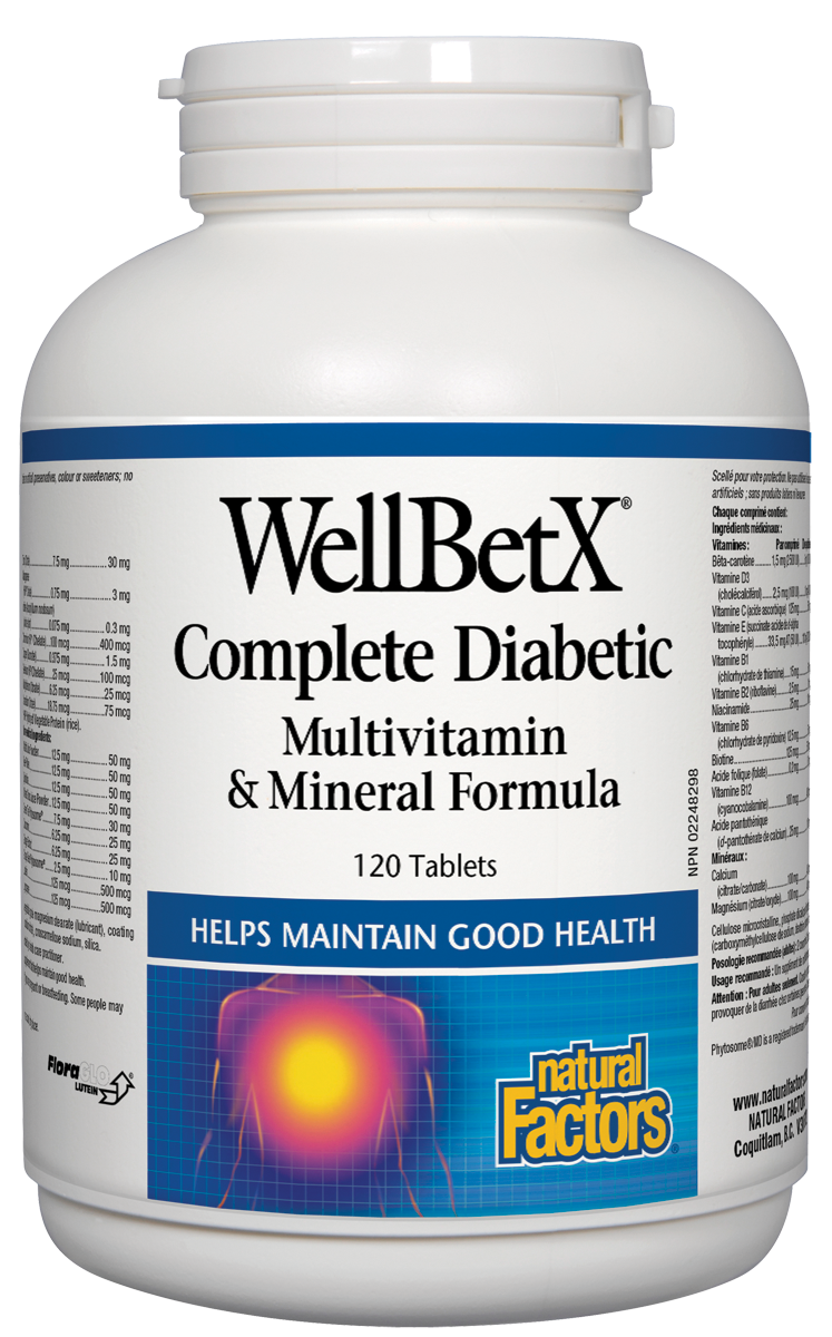 WellBetX Complete Diabetic Multivitamin &Mineral Formula from Natural Factors is the only multi specifically formulated to support healthy glucose metabolism. It provides a unique blend of key nutrients, which together help balance fluctuating blood sugar levels and help maintain good health.