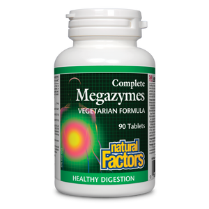 Natural Factors Complete Megazymes is a comprehensive digestive enzyme formula designed to assist and enhance healthy digestion. This vegetarian-friendly, non-GMO formula features natural proteases, amylase, lipase, bromelain, and papain to help the body break down proteins, carbohydrates, and fats, to support healthy digestion and improve nutrient absorption.