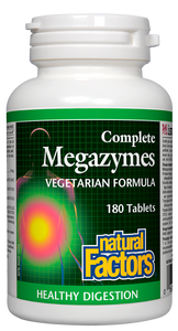 Natural Factors Complete Megazymes is a comprehensive digestive enzyme formula designed to assist and enhance healthy digestion. This vegetarian-friendly, non-GMO formula features natural proteases, amylase, lipase, bromelain, and papain to help the body break down proteins, carbohydrates, and fats, to support healthy digestion and improve nutrient absorption. 