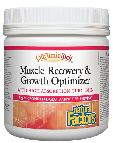 Natural Factors CurcuminRich Muscle Recovery & Growth Optimizer combines high-absorption Theracurmin with a micronized form of the amino acid L-glutamine. The drink mix promotes muscle and immune system recovery after periods of intense physical stress by helping to restore blood glutamine levels and support antioxidant defense.