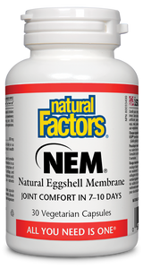NEM Natural Eggshell Membrane is an innovative nutritional supplement clinically proven to reduce the pain, stiffness, and impaired mobility of osteoarthritis and other joint issues within 7–10 days. Natural Factors NEM, in a convenient one-a-day vegetarian capsule