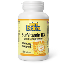 Load image into Gallery viewer, Vitamin D3 from Natural Factors provides a convenient daily dose of vitamin D as cholecalciferol to help support immune function and for the development and maintenance of strong bones and teeth.  1000IU, 180 softgels