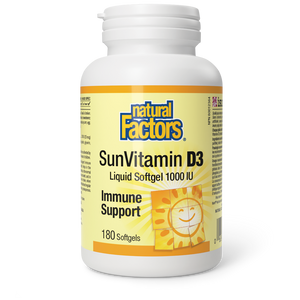 Vitamin D3 from Natural Factors provides a convenient daily dose of vitamin D as cholecalciferol to help support immune function and for the development and maintenance of strong bones and teeth.  1000IU, 180 softgels