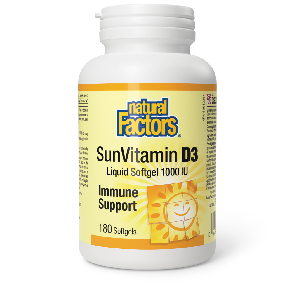 Vitamin D3 from Natural Factors provides a convenient daily dose of vitamin D as cholecalciferol to help support immune function and for the development and maintenance of strong bones and teeth.  1000IU, 180 softgels