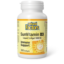 Load image into Gallery viewer, Vitamin D3 from Natural Factors provides a convenient daily dose of vitamin D as cholecalciferol to help support immune function and for the development and maintenance of strong bones and teeth.  1000IU, 360 softgels