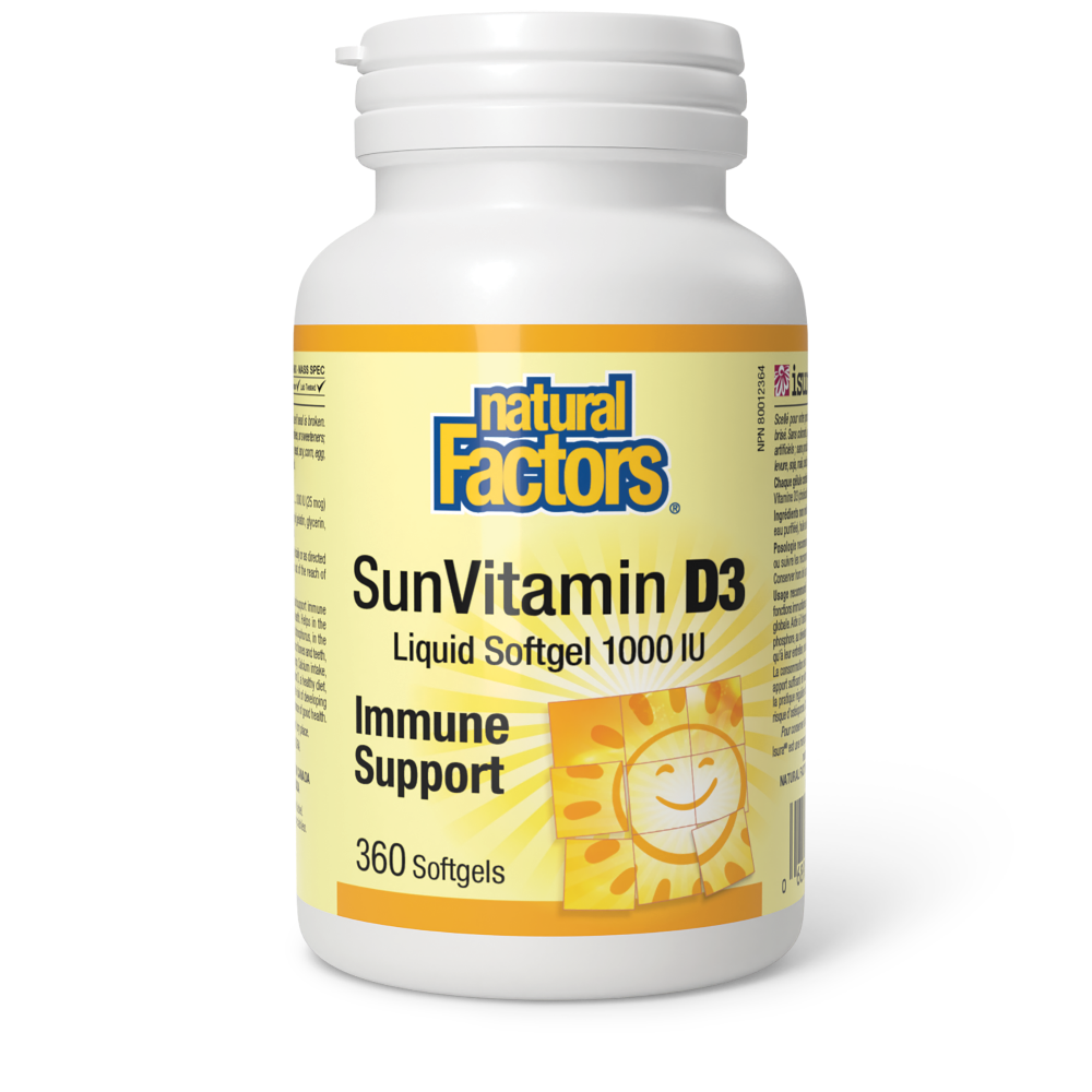 Vitamin D3 from Natural Factors provides a convenient daily dose of vitamin D as cholecalciferol to help support immune function and for the development and maintenance of strong bones and teeth.  1000IU, 360 softgels