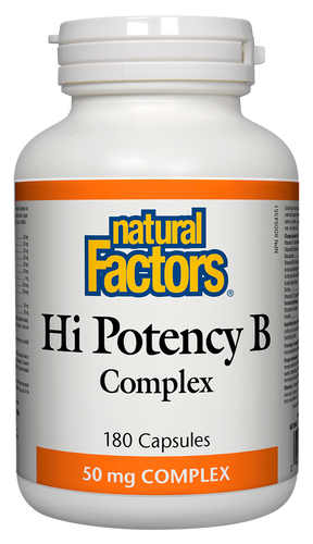 Natural Factors Hi Potency B Complex is a one-per-day formula that provides the full spectrum of all essential B vitamins. A natural way to energize the body. Each capsule contains a 50 mg potency that enhances energy levels by helping the body metabolize carbohydrates, proteins, and fats, as well as supporting red blood cell formation. 