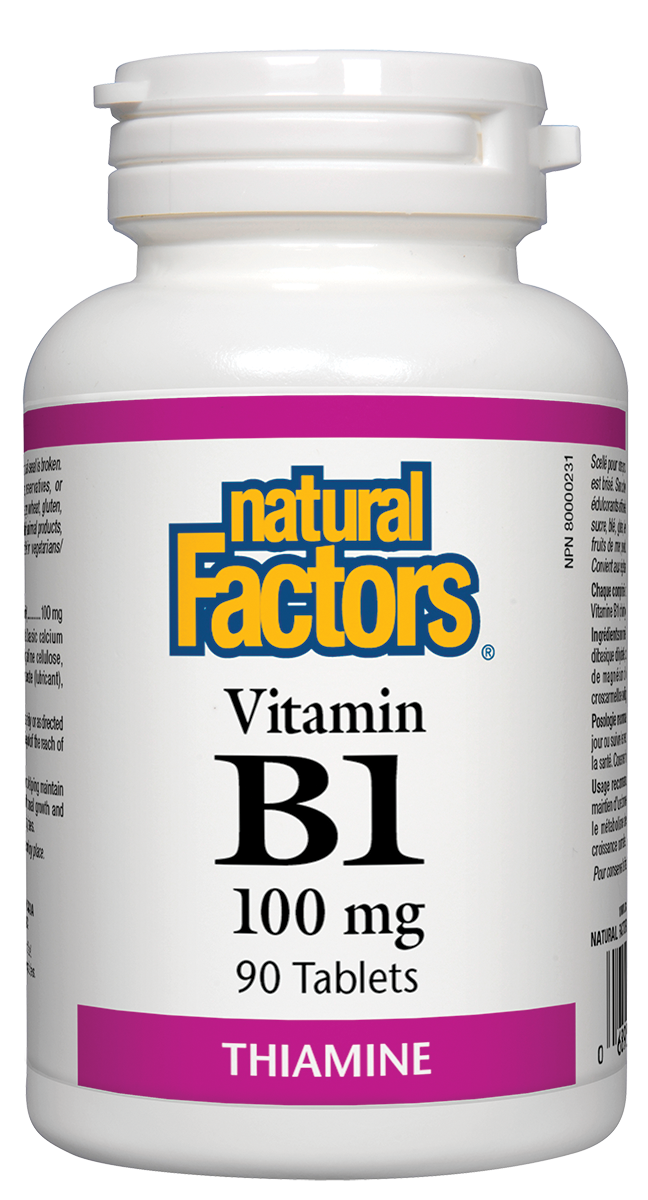 Vitamin B1 acts as a coenzyme to convert carbohydrates into energy in the body, helps manufacture hydrochloric acid for digestion and is useful in malabsorption conditions. It also supports the health of the heart and nervous system. Supplementing with Natural Factors Vitamin B1 100 mg tablets helps maintain good health.