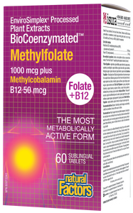 Natural Factors Methylfolate Plus Methylcobalamin is an innovative one-a-day formula that provides 1000 mcg of folate and 50 mcg of vitamin B12 alongside Farm Fresh Factors™ – a bioenergetic blend of phytonutrients – to help prevent folate deficiency. Research has shown that Quatrefolic®, the metabolically active and coenzymated form of folate, results in a 3.1 times higher blood folate concentration of 5-MTHF than regular folic acid. Feel the difference!
