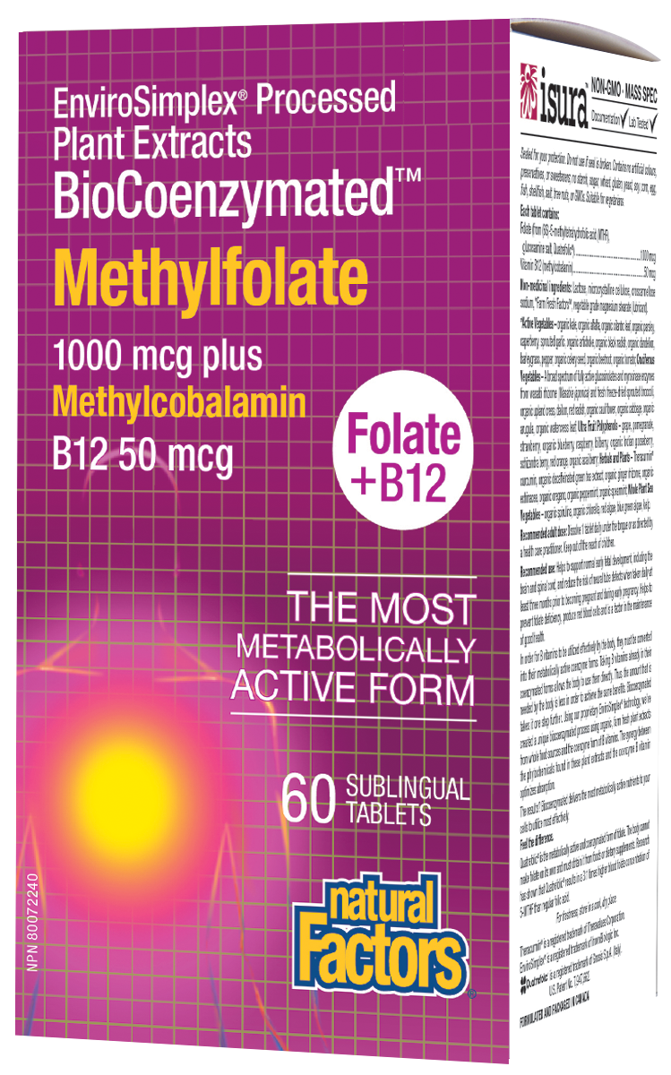Natural Factors Methylfolate Plus Methylcobalamin is an innovative one-a-day formula that provides 1000 mcg of folate and 50 mcg of vitamin B12 alongside Farm Fresh Factors™ – a bioenergetic blend of phytonutrients – to help prevent folate deficiency. Research has shown that Quatrefolic®, the metabolically active and coenzymated form of folate, results in a 3.1 times higher blood folate concentration of 5-MTHF than regular folic acid. Feel the difference!