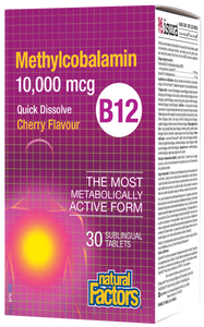 Natural Factors Methylcobalamin B12 provides 10,000 mcg of vitamin B12 in its most bioactive form. This one-a-day sublingual formula supports the normal function of the immune system, energy metabolism, red blood cell formation, and helps maintain good health. 