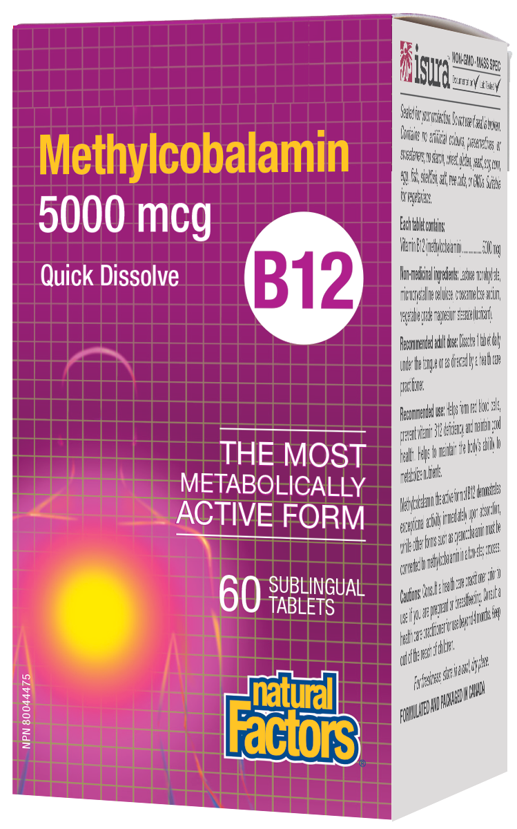 Natural Factors Methylcobalamin B12 5000 mcg provides vitamin B12 in its most bioactive form. This one-per-day sublingual formula supports the normal function of the immune system, energy metabolism, red blood cell formation, and helps maintain good health. 