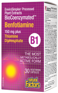 Natural Factors Benfotiamine provides a superior source of thiamine compared to thiamine hydrochloride as it provides a higher bioavailability of thiamine. This formula combines 150 mg of benfotiamine with 10 mg of bioactive thiamine diphosphate to support nerve function and energy metabolism, alongside Farm Fresh Factors – a bioenergetic blend of phytonutrients from whole foods. Upgrade your standard B1 supplement to this non-GMO, vegan-friendly, advanced formula. Feel the difference!