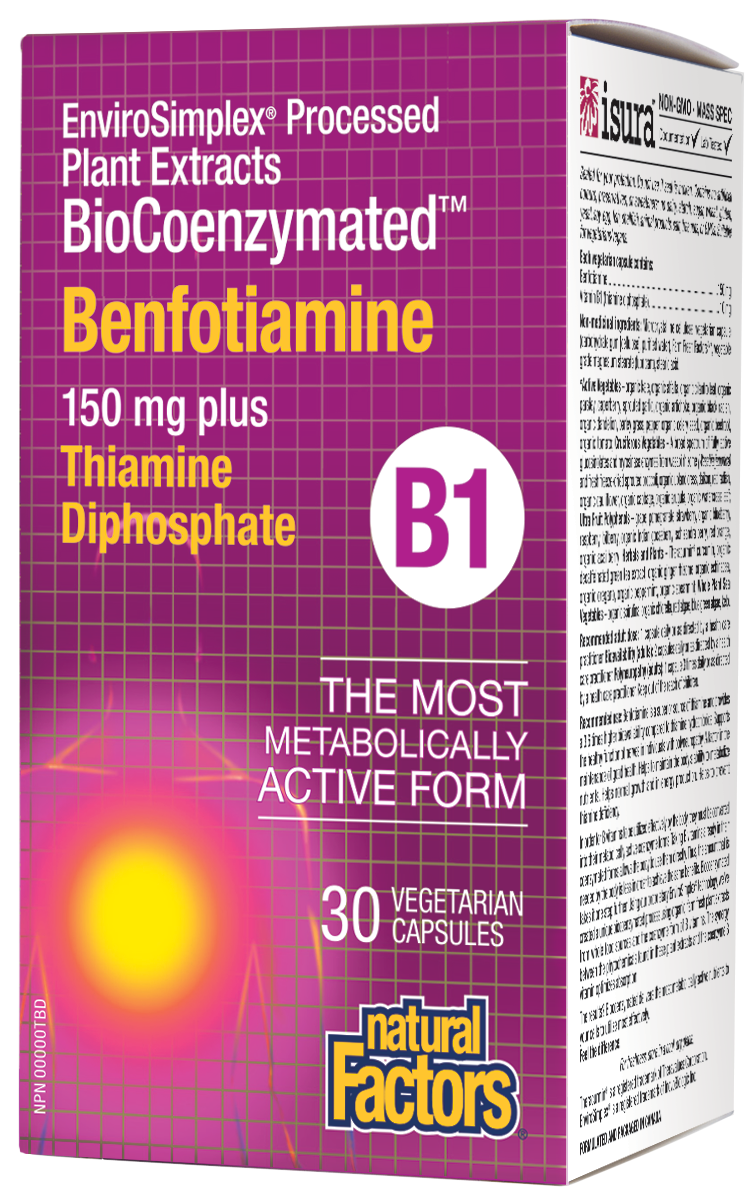 Natural Factors Benfotiamine provides a superior source of thiamine compared to thiamine hydrochloride as it provides a higher bioavailability of thiamine. This formula combines 150 mg of benfotiamine with 10 mg of bioactive thiamine diphosphate to support nerve function and energy metabolism, alongside Farm Fresh Factors – a bioenergetic blend of phytonutrients from whole foods. Upgrade your standard B1 supplement to this non-GMO, vegan-friendly, advanced formula. Feel the difference!