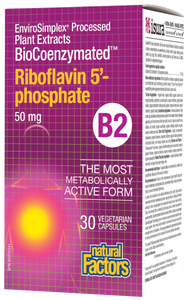 Natural Factors Riboflavin 5’-Phosphate is an innovative one-a-day formula that provides 50 mg of bioactive vitamin B2 to support energy metabolism alongside Farm Fresh Factors bioenergetic blend of phytonutrients. This biocoenzymated form of vitamin B2 is readily usable by cells and supports the conversion and activation of nutrients including folate and vitamin B6. Feel the difference!