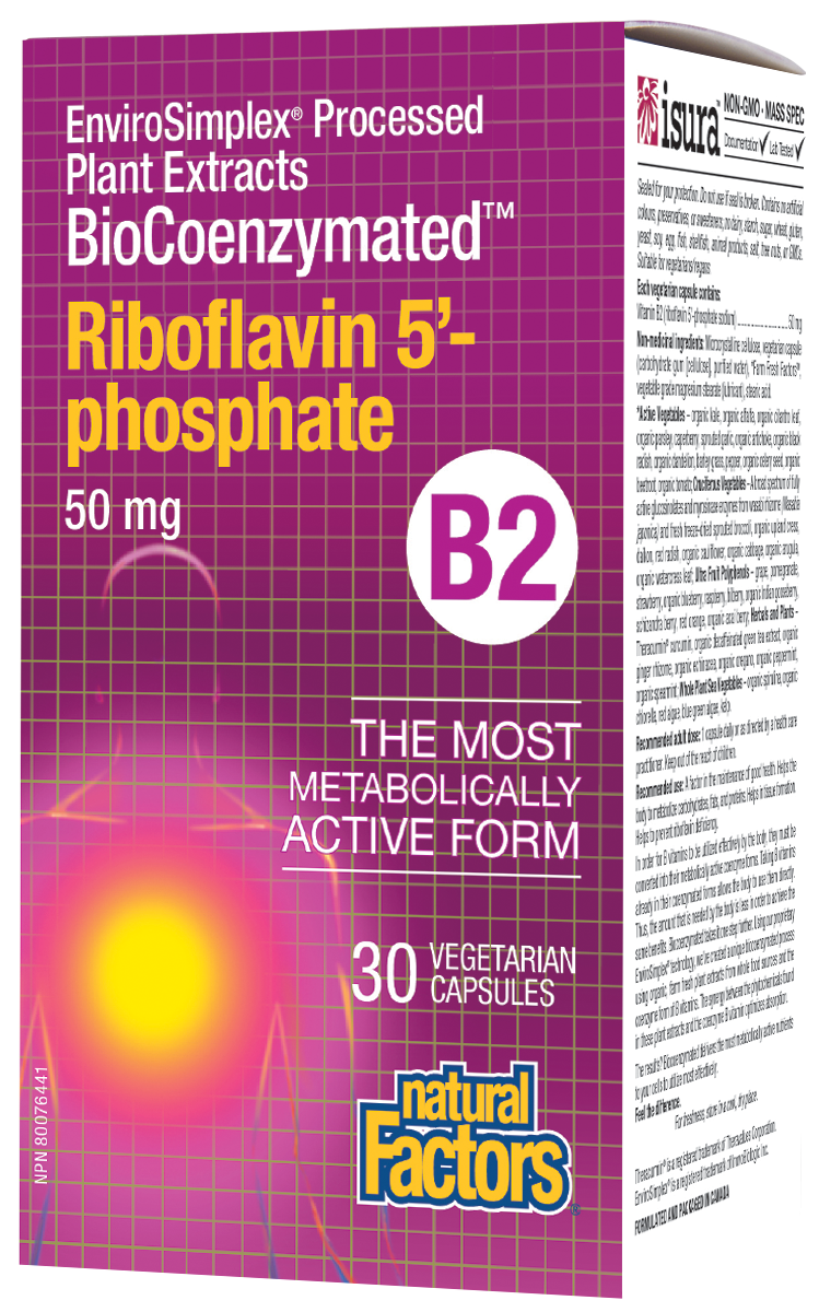 Natural Factors Riboflavin 5’-Phosphate is an innovative one-a-day formula that provides 50 mg of bioactive vitamin B2 to support energy metabolism alongside Farm Fresh Factors bioenergetic blend of phytonutrients. This biocoenzymated form of vitamin B2 is readily usable by cells and supports the conversion and activation of nutrients including folate and vitamin B6. Feel the difference!