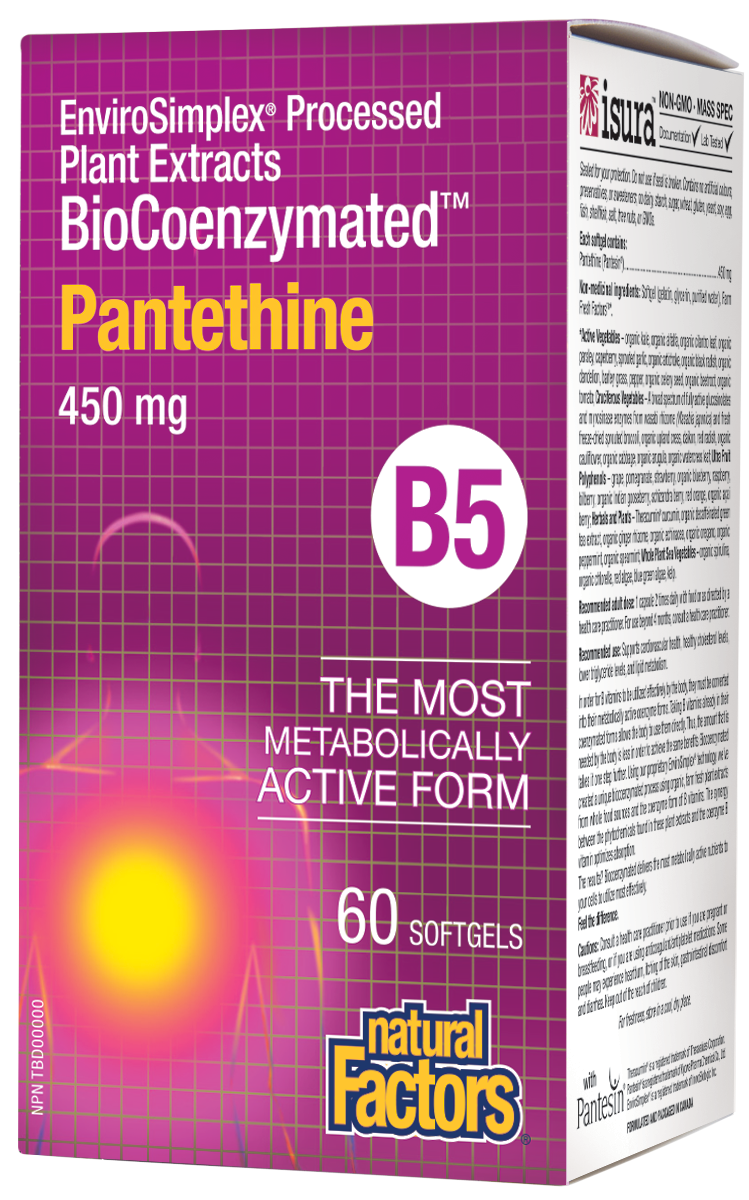 Natural Factors Pantethine is an innovative formula that provides 450 mg of the bioactive coenzyme form of vitamin B5 alongside Farm Fresh Factors™, a bioenergetic blend of phytonutrients, for direct support of lipid metabolism and to help lower total and LDL cholesterol levels. Upgrade your standard supplement to this non-GMO advanced form of vitamin B and feel the difference!