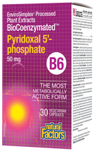 Load image into Gallery viewer, Natural Factors Pyridoxal 5’-Phosphate is an innovative one-a-day formula featuring 50 mg of coenzymated vitamin B6 alongside Farm Fresh Factors bioactive blend of phytonutrients for active support of the nervous system and energy metabolism. Upgrade your standard supplement to this non-GMO, vegan-friendly, advanced form of vitamin B and feel the difference!
