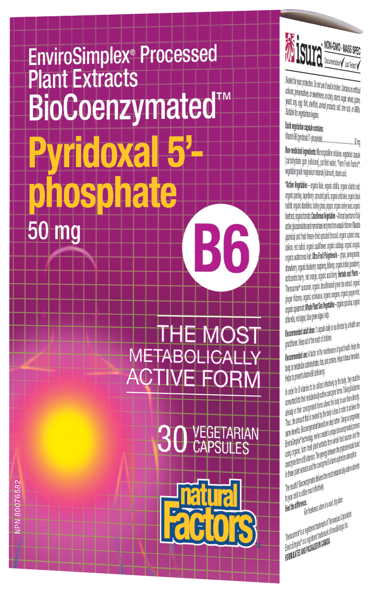 Natural Factors Pyridoxal 5’-Phosphate is an innovative one-a-day formula featuring 50 mg of coenzymated vitamin B6 alongside Farm Fresh Factors bioactive blend of phytonutrients for active support of the nervous system and energy metabolism. Upgrade your standard supplement to this non-GMO, vegan-friendly, advanced form of vitamin B and feel the difference!