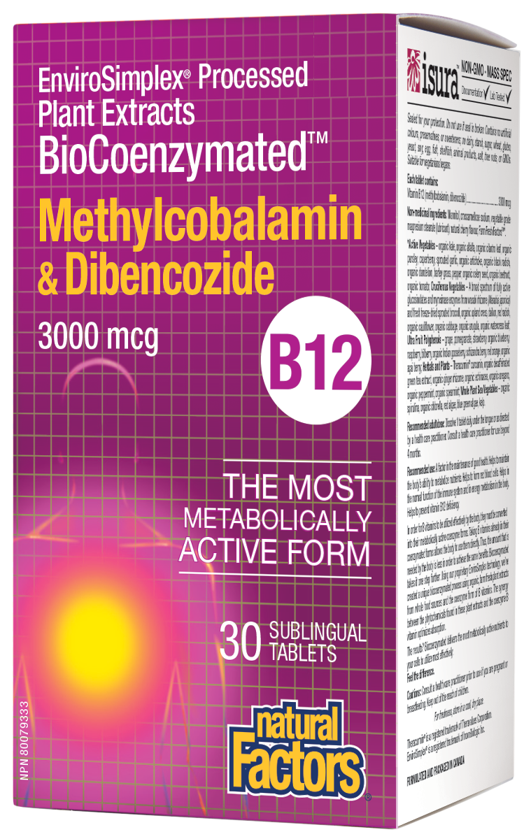 Natural Factors BioCoenzymated Vitamin B12 is a one-a-day sublingual formula providing 3000 mcg of bioactive B12 alongside Farm Fresh Factors – a bioenergetic blend of phytonutrients. This formula provides direct support for energy metabolism and immune system function, is non-GMO, gluten free, and suitable for vegans. Feel the difference!