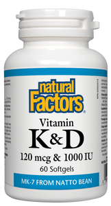 Vitamin K &D from Natural Factors provides two major fat-soluble vitamins for bone and vascular health: bioactive and highly bioavailable D3 (cholecalciferol), and menaquinone-7 (MK-7) from natto beans. Both vitamins act on calcium and guide the mineral toward where it is needed throughout the body.