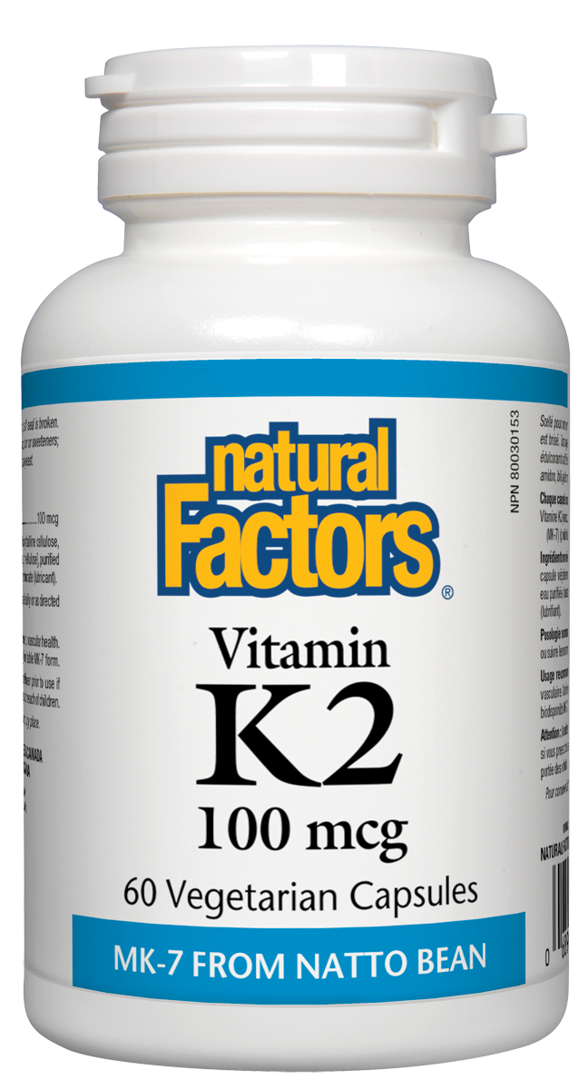 Vitamin K2 from Natural Factors contains MK-7, the most bioavailable form of vitamin K derived naturally from natto beans. Each dose provides 24-hour protection by guiding calcium toward the bones and teeth where it is needed most, and away from the arteries where it causes damage.