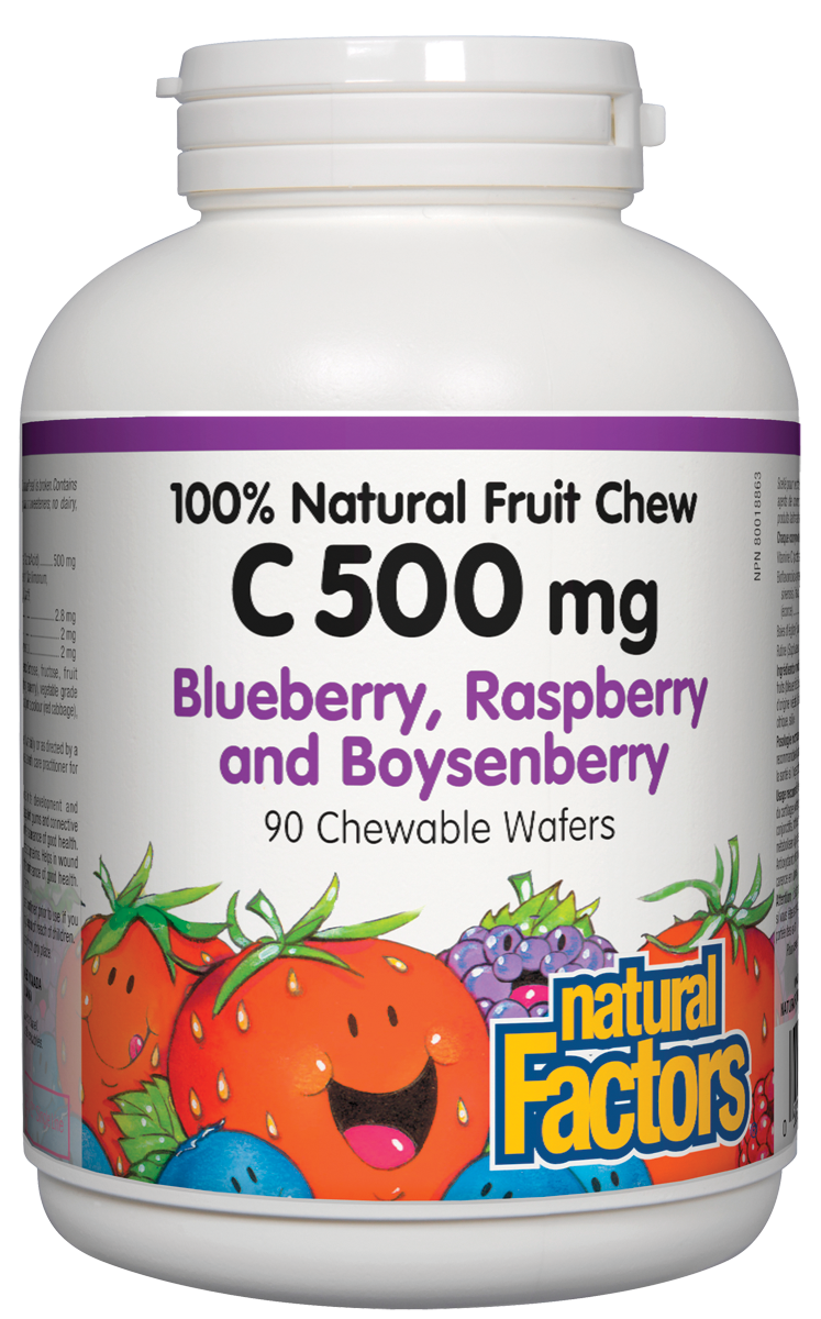 Natural Factors 100% Natural Fruit Chew C 500 mg is an easy-to-take vitamin to help in the development and maintenance of bones, cartilage, teeth, gums, and connective tissue formation. 