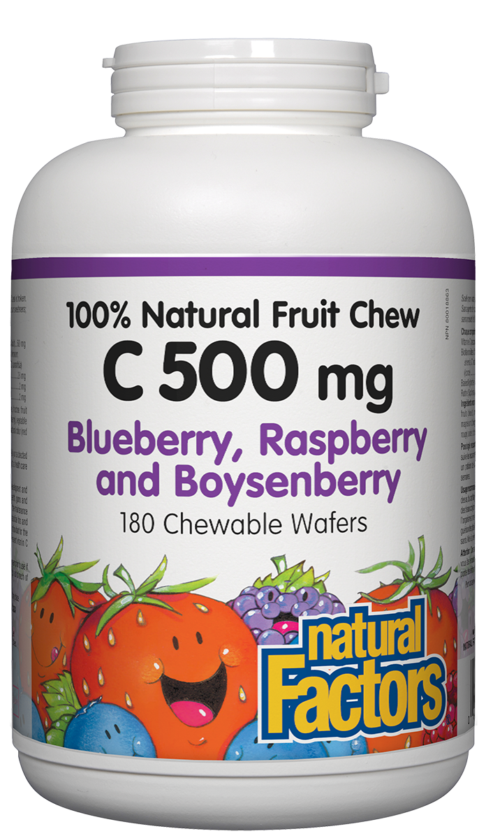 Natural Factors 100% C 500 mg natural fruit chews are an easy-to-take formula to help in the development and maintenance of bones, cartilage, teeth, gums, and connective tissue formation. Each wafer also contains citrus bioflavonoids, rosehips, and rutin for increased absorption and therapeutic benefits.
