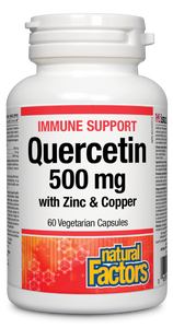 Natural Factors Quercetin 500 mg with Zinc & Copper is a vegan-friendly, non-GMO combination of specially selected nutrients to support immune health. Quercetin is a plant-derived bioflavonoid antioxidant. Quercetin helps zinc enter cells to further support immune function, while copper helps maintain the optimal zinc/copper ratio needed for all-round health.