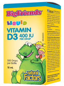 Big Friends® children’s vitamins are back in a big way, and now better than ever. Vitamin D3 is the most bioavailable form of this essential nutrient needed for kids to build healthy bones and teeth. Big Friends Liquid Vitamin D3 400 IU from Natural Factors comes in a baby-safe, measured dropper for accurate dosing and is a, natural oil-based formula ideal for all kids, even infants.