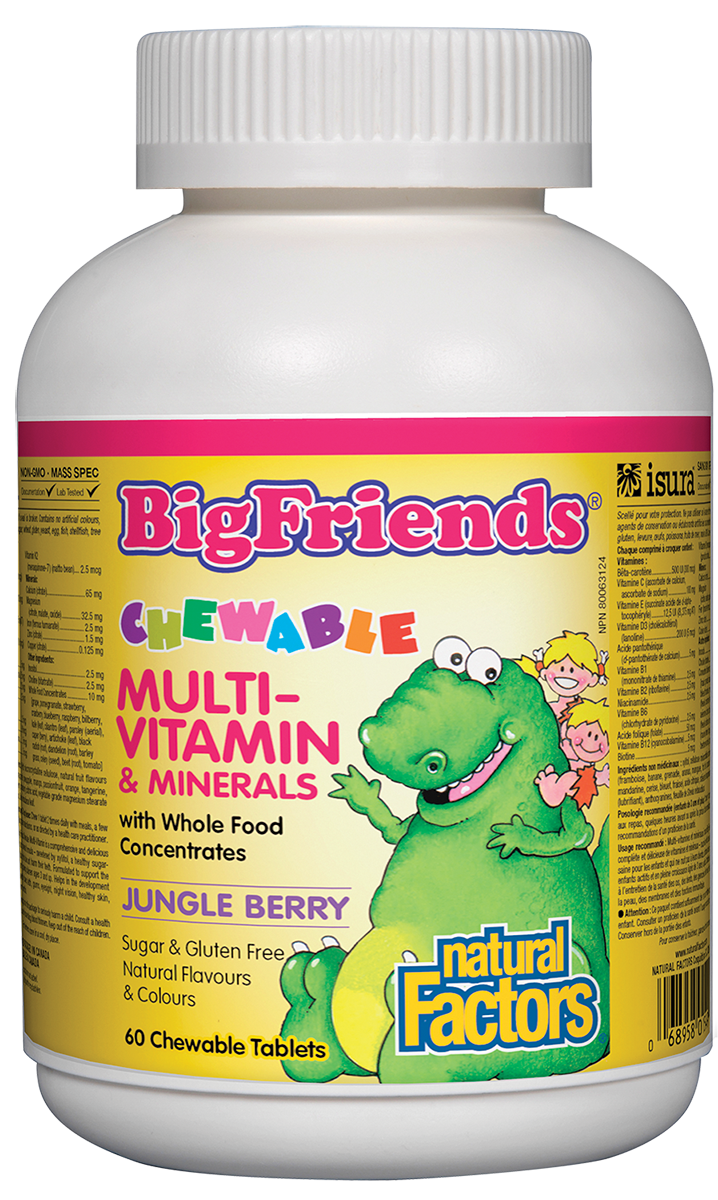 Big Friends Chewable Multivitamin & Minerals provides children three years and older with optimal amounts of the vitamins and mineralsentrates from Factors Farms supply phytonutrients, while delicious fruit flavours and friendly dinosaur shapes keep little ones smiling.